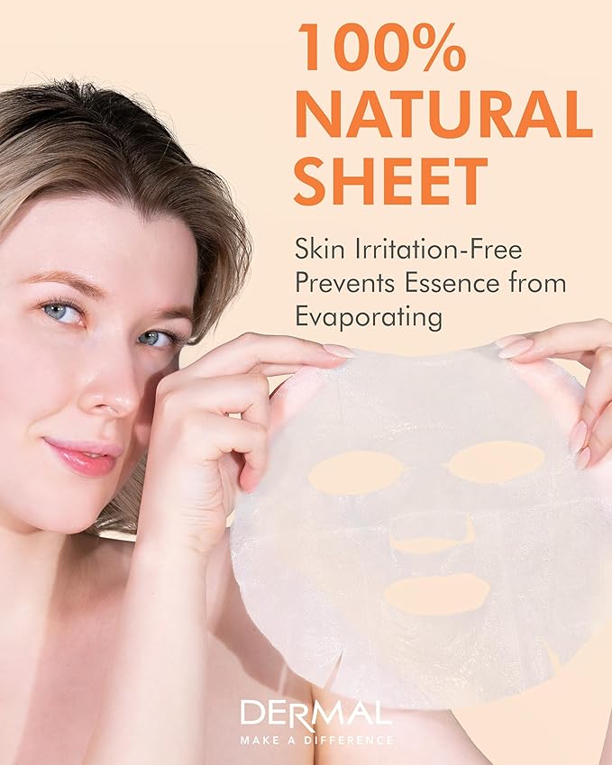 DERMAL Apricot Collagen Essence Korean Facial Mask Sheet Pack of 10 - Nourishing, Revitalizing Complexion, Skin Glow - Hypoallergenic Skin Friendly Sheet