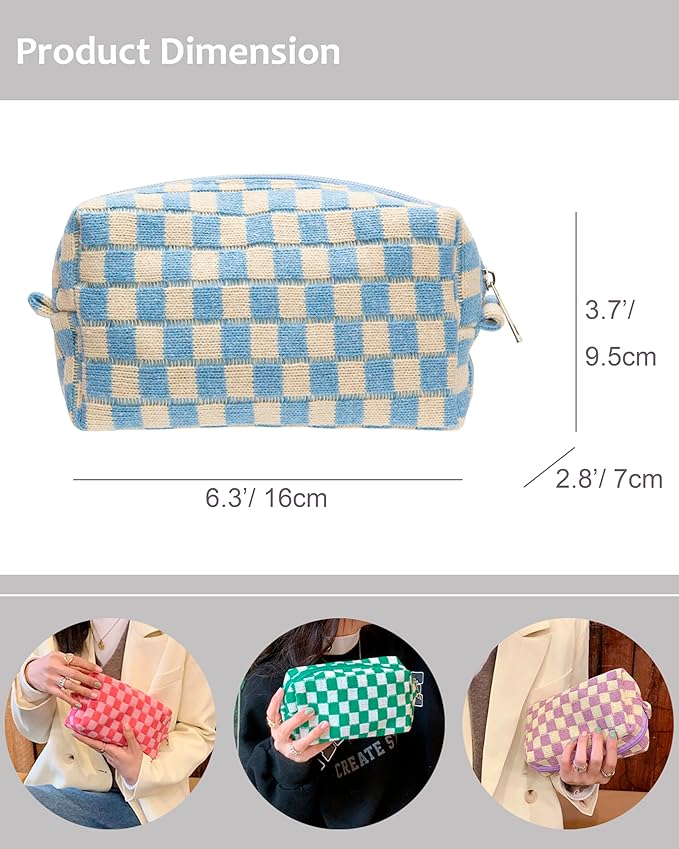PAZIMIIK 6PCS Checkered Makeup Bag for Purse Portable Zipper Make Up Pouch Small Cosmetic Case for Travel Accessories Blue Beige