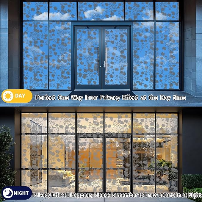 One Way Privacy Film, Window Tint for Home,Daytime Reflective, Anti UV Static Cling Sliding Door Coverings No Glue Garage Solar Paper (Black - Silver-Daisy, 35.4X 78.7 in)