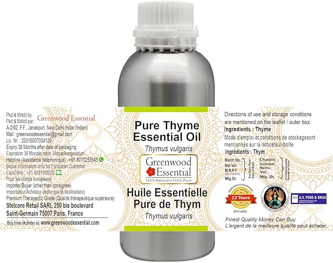 Greenwood Essential Thyme Essential Oil (Thymus vulgaris) Steam Distilled 300ml (10.1 oz)