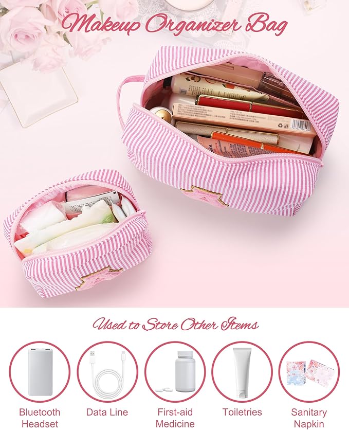 MONSTINA Initial Makeup Bags for Women|Cosmetic Bag for Travel Toiletry - Birthday Gifts for 11 12 13 14 15 16 17 18 Years Old Girls- Graduation Teen Girl Gifts Trendy Stuff Teacher Gift,2PCS,Pink S
