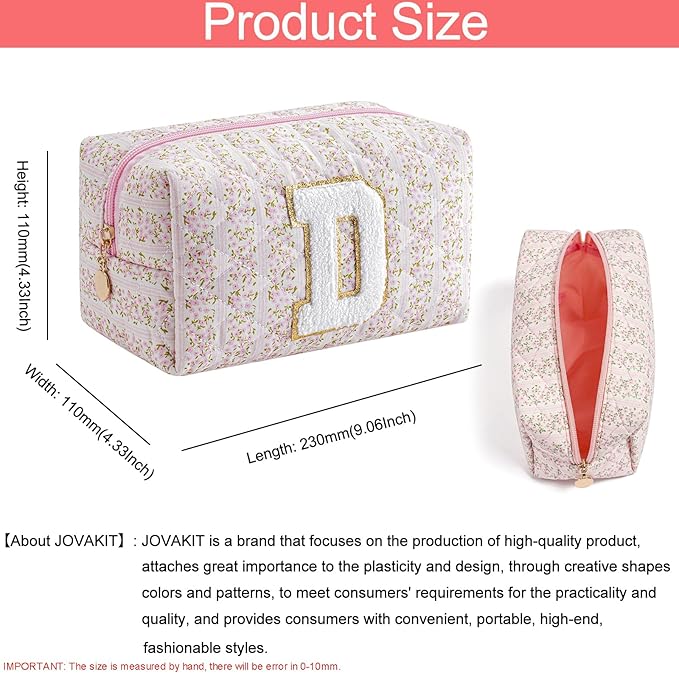 JOVAKIT Alphabet Makeup Bag Cosmetic Bag for Women, Christmas Gifts for Girls Age 6-18, Floral Flowers Coquette Travel Toiletry Zipper Make Up Pouch Organizer Trendy Stuff (Pink Floral D)