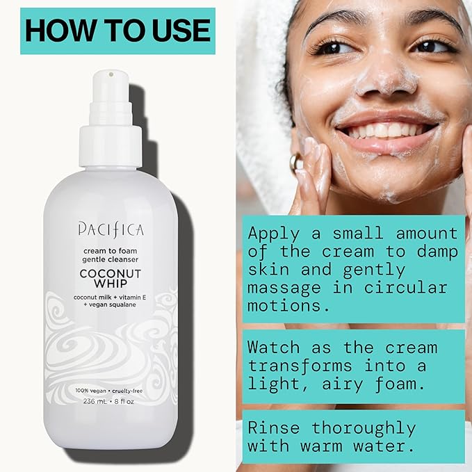 Pacifica Coconut Whip Cream to Foam Face Wash - Gentle Hydrating Facial Cleanser for Dry & Sensitive Skin, Moisturizing Daily Face Wash, Non-Comedogenic Vegan & Cruelty-Free, Dermatologist Tested 8oz