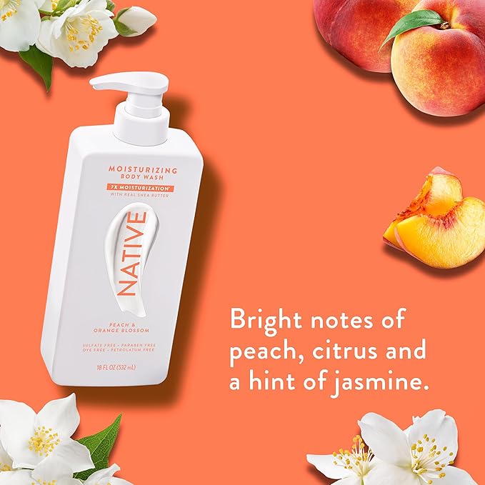 Native Moisturizing Body Wash Contains Naturally Derived Ingredients | For Women & Men, Sulfate, Dye, & Paraben Free Leaving Skin Soft and Hydrated | Peach & Orange Blossom 18 oz