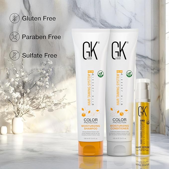GK HAIR shampoo & Conditioner set Travel size with Hair serum -Color Safe Shampoo & Conditioner Made with Aloe vera, Parki Butter - Free of Parabens & Phthalates Sulfate, (3.74 Fl Oz)