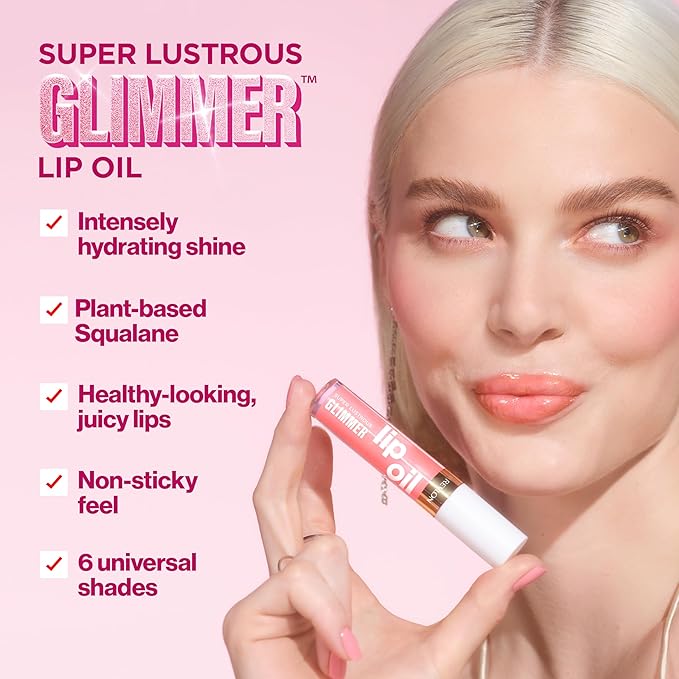 REVLON Super Lustrous Glimmer Lip Oil, Moisturizing & Tinted, Shiny Finish, Made with Plant-Based Squalane, 007 Posh Peach, 0.13 fl oz