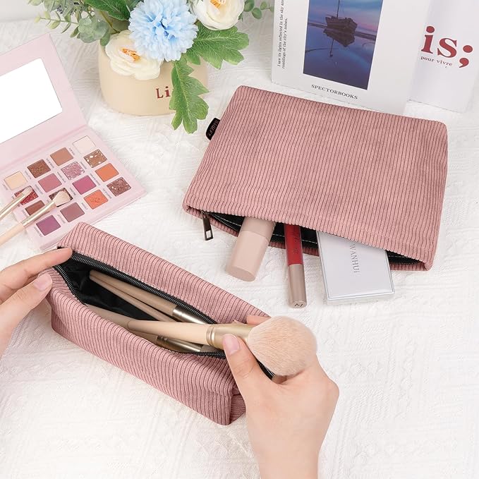 MAGEFY 2 Pcs Makeup Bags for Women, Corduroy Make up Bag for Purse Travel Makeup Bag Small Cosmetic Bags with Zipper Makeup Pouch for Travelling - Dusty Pink