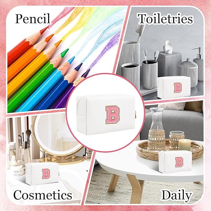 Small Personalized Letter Makeup Bag, Cute PU Leather Chenille Letters Cosmetic Bag Travel Makeup Pouch, Preppy Travel Organizer Zipper Pouch for Women&Girls（WhitePink-B）