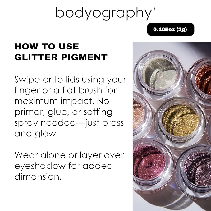 Bodyography Glitter Pigment Eye Shadow | Long Wear Shimmer Eyeshadow | Vegan, Talc & Paraben Free | Cream Powder Formula | Hue (Duo Chrome Purple) 1.5 g