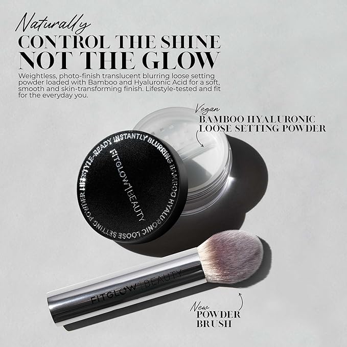 Fitglow Beauty Bamboo Hyaluronic Loose Setting Powder + Brush | Translucent Vegan Organic | Weightless Photo Finish | Pore Blurring | Natural Shine & Oil Control Makeup Finishing Powder | .32 oz / 9g