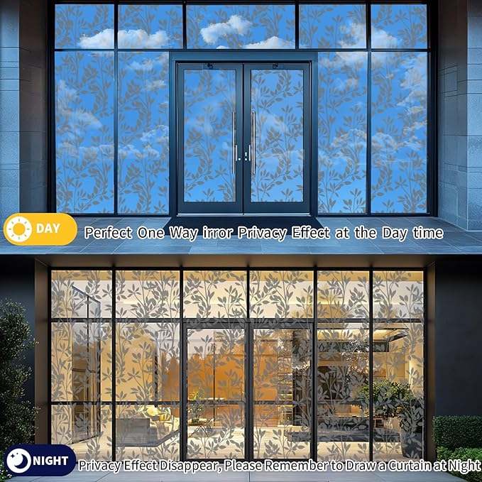 One Way Privacy Film, Window Tint for Home,Daytime Reflective, Anti UV Static Cling Sliding Door Coverings No Glue Garage Solar Paper (Silver-Leaves, 23.6 x 78.7 in)