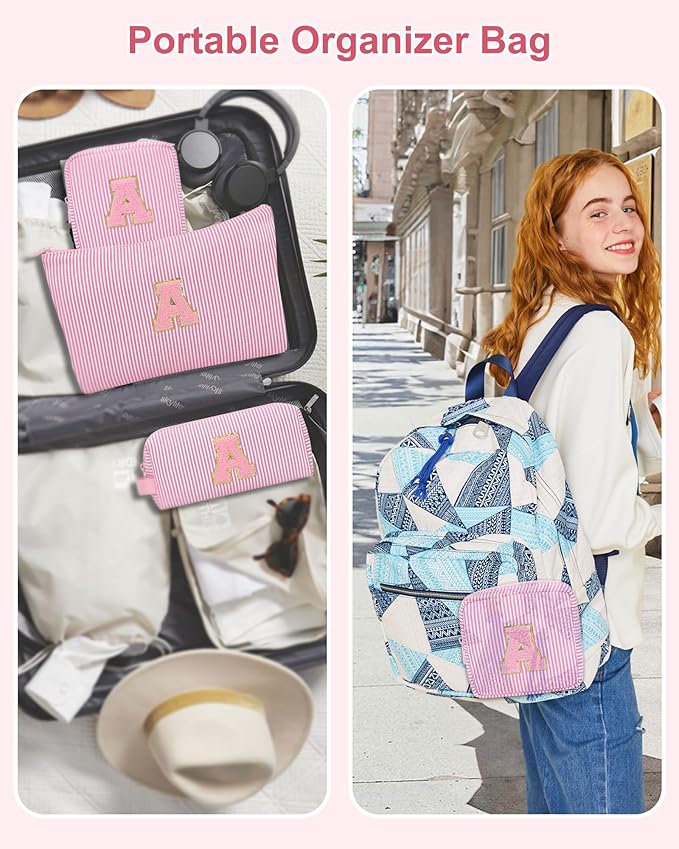 MONSTINA Monogram Cosmetic Bag,Initial Makeup Bag|Personalized Gifts for Women Friends|Cute Toiletry Make Up Traveling Stuff Organizer 3PCS Pink D