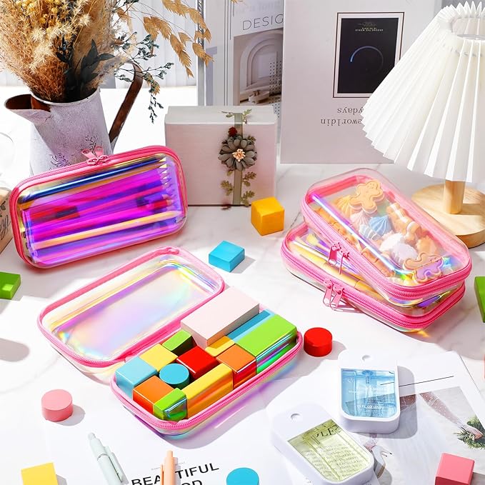 Hoolerry 4 Pcs Hard Clear Zipper Case Makeup Bags Plastic Pencil Pouch Transparent Storage Box Containers for Cosmetics, Snacks, Building Blocks, Puzzles(Pink Laser,7.5 x 3.9 x 2 in)