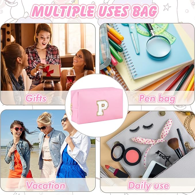 Initial Makeup Bag Personalized Preppy Travel Small Cosmetic Bag Cute PU Pink Chenille Letter Makeup Pouch for Purse Waterproof Zippered Toiletry Organizer for Women Girls Kids Friends (P)
