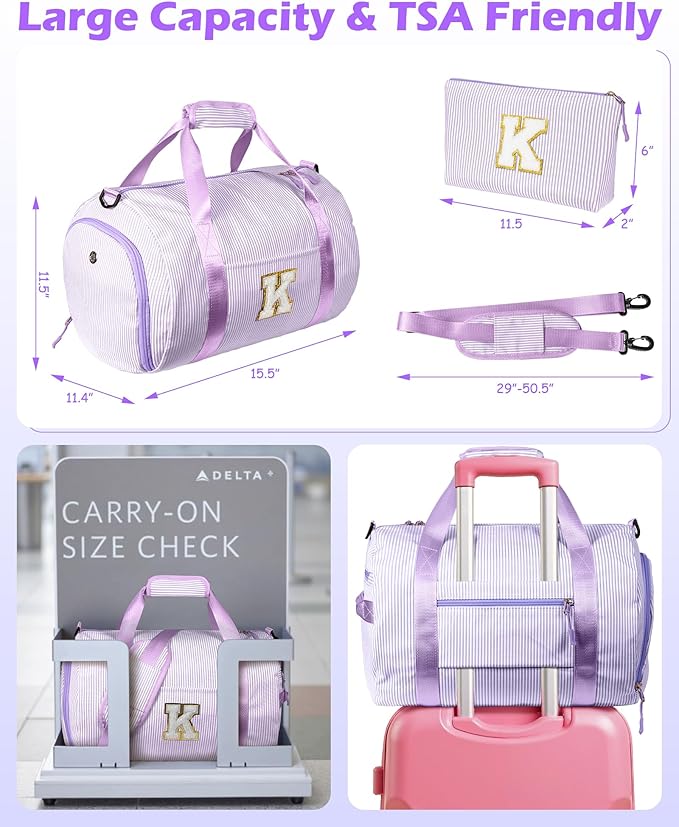 Christmas Gift for Her, Girls Travel Duffle Bag, Kids Initial Overnight Duffel Bags with Shoe Compartment, Personalized Dance Bag with Cosmetic Pouch, Tween Gifts Trendy Stuff (Letter W)