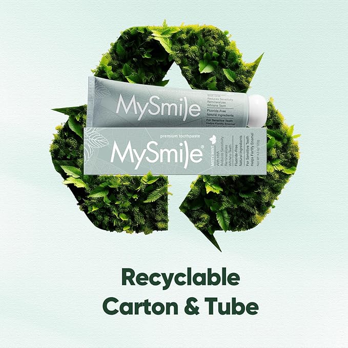 MySmile Fluoride Free Toothpaste, Nano Hydroxyapatite for Sensitive Teeth, Strengthens Enamel, Supports Remineralization & Bright Teeth, Freshens Breath for Adults, SLS Free, Natural Misty Mint, 4.2oz