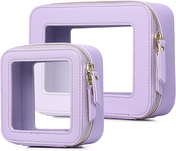 Pinkmik Clear Makeup Bag Waterproof Travel Case for Cosmetics and Toiletries Women's Purse Organizer and Clear Car Bag with Zipper (X/Purple, M+MINI)