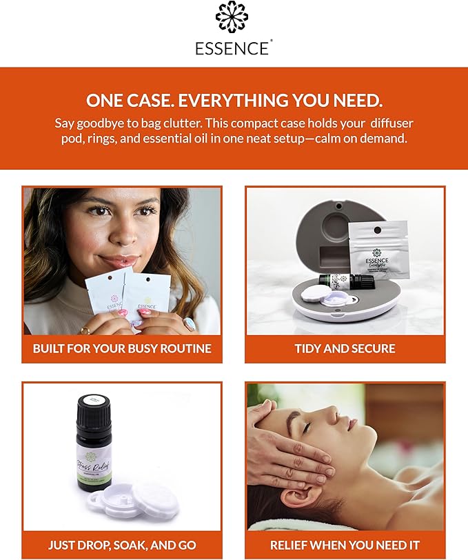 Essence Pearl Travel Case - Wearable Aromatherapy Kit with Nasal Diffuser Rings, Soaking Bay, and 5mL Essential Oil – Portable Wellness Gift Set for On-The-Go Self Care