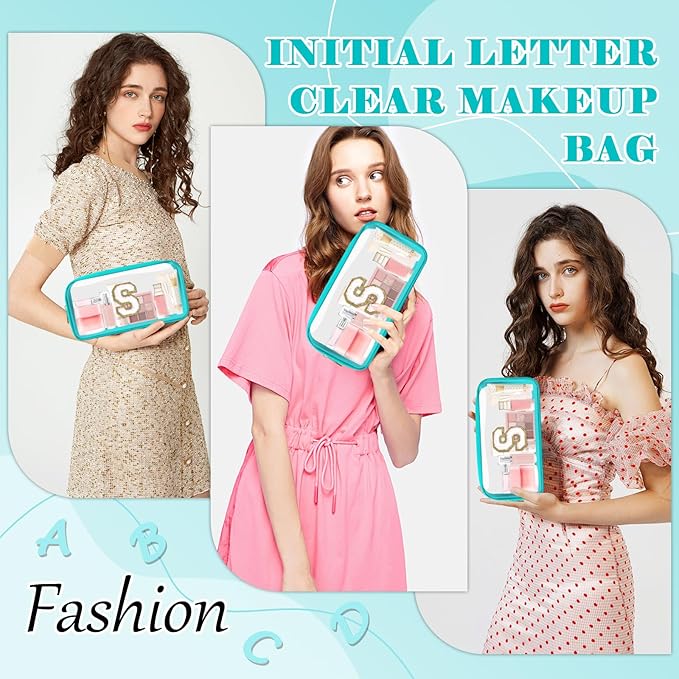 Personalized Initial Letter Clear Makeup Bag,Preppy Small Nylon&PVC Cosmetic Zipper Bag with Chenille Letter,Portable Beach Travel Skincare Toiletry Bag,Trendy Monogram Gift for Teen Girls Women,S