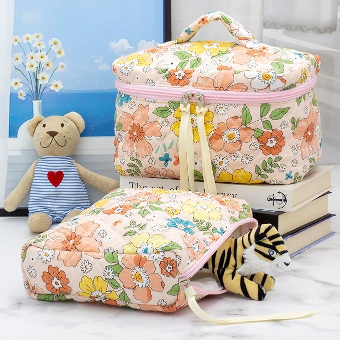 PAZIMIIK Quilted Makeup Bag Large Travel Zipper Soft Cosmetic Case for Women Girls Make Up,Floral Orange
