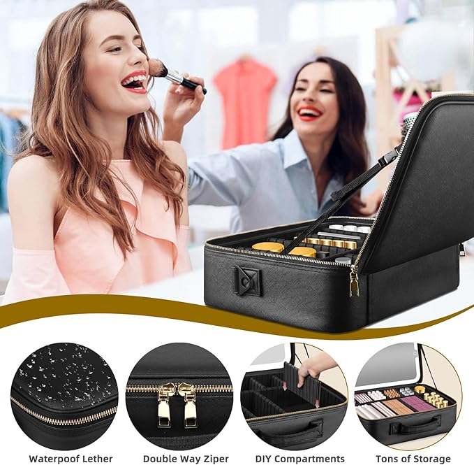 15''X11'' Large Makeup Bag with Removable Lighted Mirror, Professional Travel Makeup Train Case PU Leather Cosmetic Make up Organizer with Adjustable Dividers & Brush Storage Board