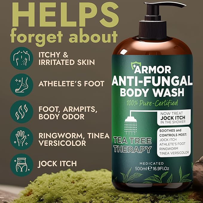 Antifungal Body Wash with Tea Tree Oil | Antibacterial Soap for Back Acne,Treats Ringworm, Eczema & Jock Itch | Antibacterial Body Soap For Men And Women | Includes Silicon Scrubber (16.9 oz)
