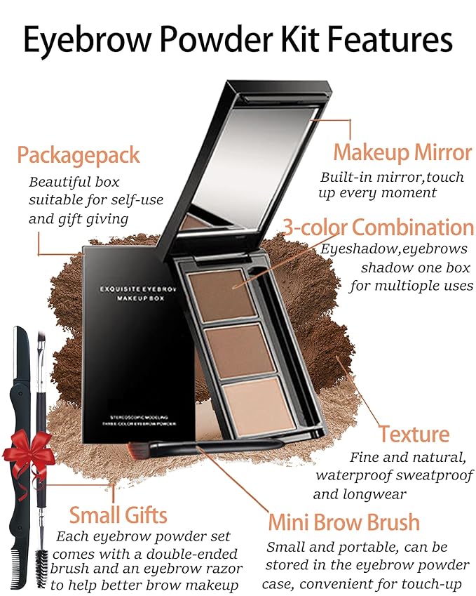 Eyebrow Powder Makeup Kit-3 Colors Eye Brow Powder Palette Long-Lasting Waterproof, Dark/light Brown Brow Filler, Fill & Sculpt Full Eyebrows for Women, With Mirror, Brow Brush & Razor-Set 02