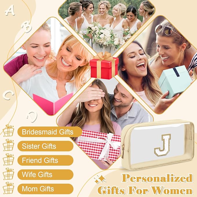 Personalized Initial Letter Clear Makeup Bag,Preppy Small Nylon&PVC Cosmetic Zipper Bag with Chenille Letter,Portable Beach Travel Skincare Toiletry Bag,Trendy Monogram Gift for Teen Girls Women,J