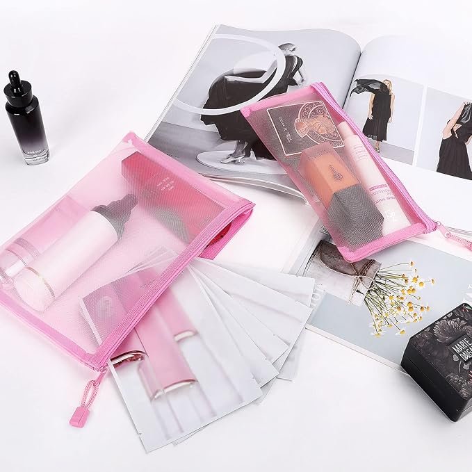 12 Pieces Zipper Nylon Mesh Pouch, Mesh Cosmetic Bags Makeup Bags Pencil Case, Multipurpose Travel Bags for Cosmetic School Office Supplies and Travel Accessories (Pink, A5)