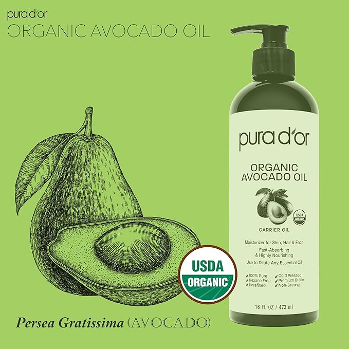 PURA D'OR 16 Oz ORGANIC Avocado Oil - 100% Pure & Natural USDA Certified Cold Pressed Carrier Oil For DIY Beauty, Non-Greasy, Unscented, Hexane Free Liquid Moisturizer - Face Skin & Hair - Men & Women