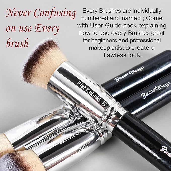Bueart Design Essential Makeup Brushes set With Travel Retractable Powder Brush vegan Hair for Foundation concealer eyeshadow face Contour Brush (10Pcs Pearl Black)