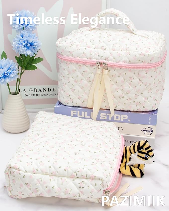 Quilted Makeup Bag Large Travel Zipper Soft Cosmetic Case for Women Girls Make Up,Little Flower Pink
