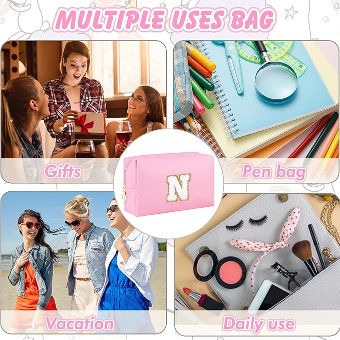 Initial Makeup Bag Personalized Preppy Travel Small Cosmetic Bag Cute PU Pink Chenille Letter Makeup Pouch for Purse Waterproof Zippered Toiletry Organizer for Women Girls Kids Friends (N)