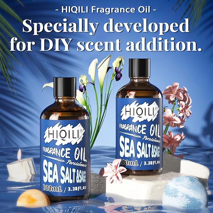 HIQILI Sea Salt Sage Fragrance Oil 100ml for Diffuser Car Freshies, Clean Fresh Scent for Candle Making Soap Laundry 3.38 Fl Oz