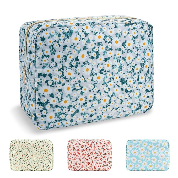 Waterproof Large Floral Makeup Pouch,Nylon Travel Toiletry Storage Purse Preppy Cosmetic Bag for Women Girl,Large Capacity Makeup Organizer Zipper Pouch for Work(L Green-Daisy)