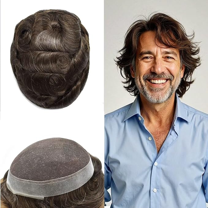 Mens Toupee Human Hair Piece French Lace Toupee for Man Hair System Indian Human Hair Replacement Systems V-Looped PU Front Hairpieces 7"X10" #310 Dark Brown with 10% Gray
