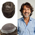 Mens Toupee Human Hair Piece French Lace Toupee for Man Hair System Indian Human Hair Replacement Systems V-Looped PU Front Hairpieces 7"X10" #310 Dark Brown with 10% Gray