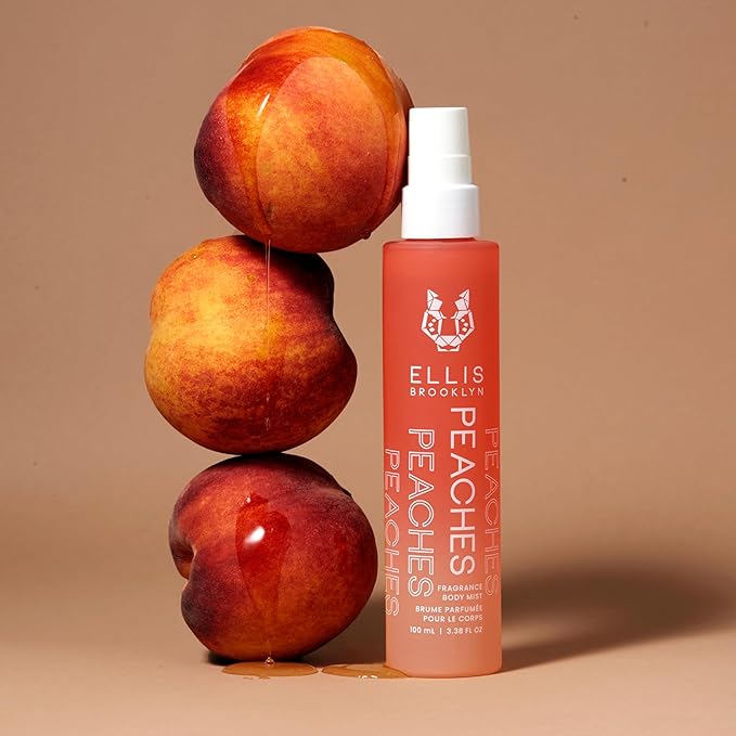 Ellis Brooklyn PEACHES Hair And Body Fragrance Mist - Fruity Floral Perfume Mist For Women with Sweet Peach, Rosebud, & Sandalwood, Vegan Perfume Made In The USA, 100ml 3.38 Fl Oz