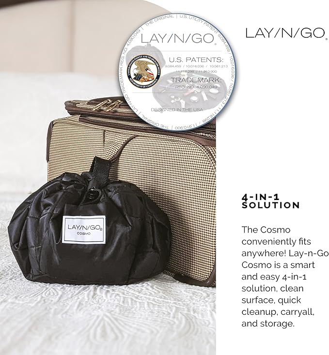 Lay-n-Go Cosmo Layflat Drawstring Cosmetic & Makeup Bag Organizer - Portable Drawstring Bag w/Zipper Pocket, Makeup Loops & More - Durable, Machine Washable Toiletry Bag for Travel (20", Black)