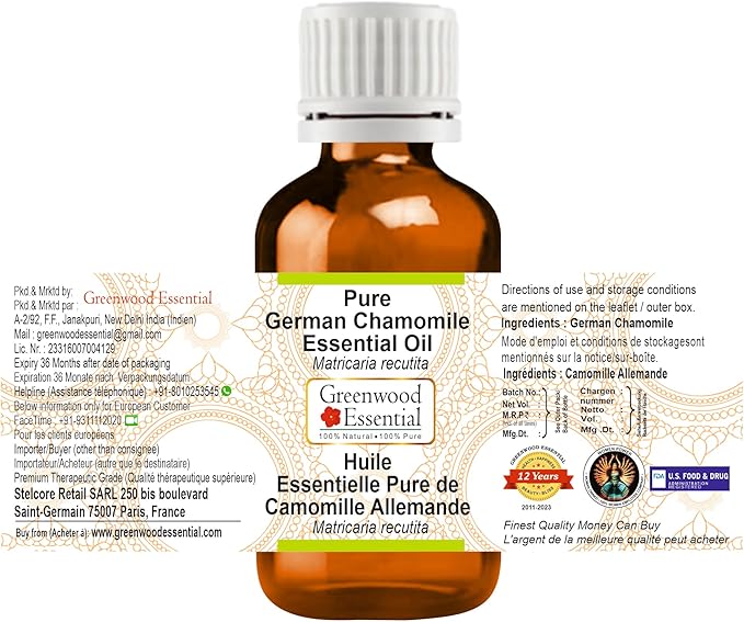 Greenwood Essential Pure German Chamomile Essential Oil (Matricaria recutita) Steam Distilled 10ml (0.33 oz)