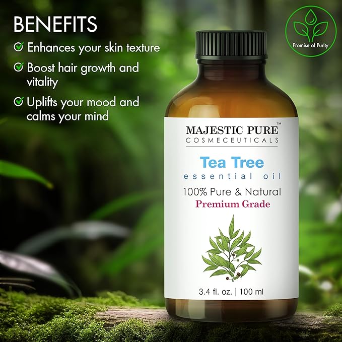 Majestic Pure Tea Tree Essential Oil with Glass Dropper - 3.4 Fl Oz - 100% Pure and Natural Tea Tree Oil - Premium Grade Essential Oils for Diffuser, Aromatherapy, Soap and Candle Making