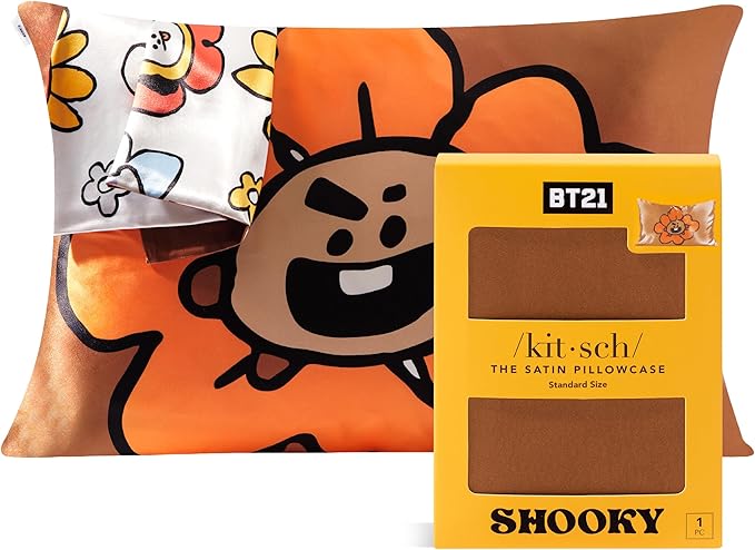 Kitsch x BT21 (Shooky) Satin Pillowcase with Zipper for Hair & Skin - Softer Than Silk Pillow Cases, Smooth Cooling Pillow Cover, Wrinkle-Free, Machine Washable, Queen/Standard (19x26)