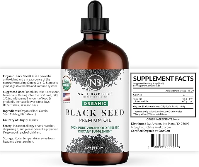 NaturoBliss Organic Black Seed Oil 100% Virgin Cold Pressed Omega 3 6 9 Super Antioxidant for Immune Support, Joints, Mobility, Digestion, Hair Skin Vegan, Gluten-Free, Non-GMO USDA Certified 4oz