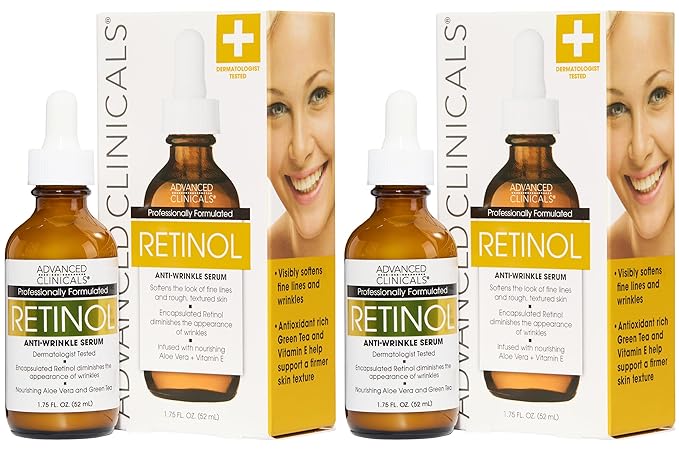 Advanced Clinicals Retinol Serum For Face | Visible Anti Aging Retinol Serum Skin Care Face Moisturizer With Vitamin E Helps Improve Look Of Wrinkles, Fine Lines, & Uneven Skin Tone, 2-Pack