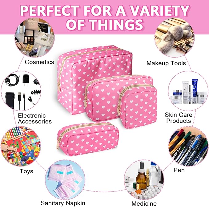 Small Makeup Pouch for Purse，Nylon Travel Toiletry Storage Cute Preppy Cosmetic Bag for Women Girls，Waterproof Makeup Organizer Pouch Skincare Purse with Zipper (Small-Pink Heart)