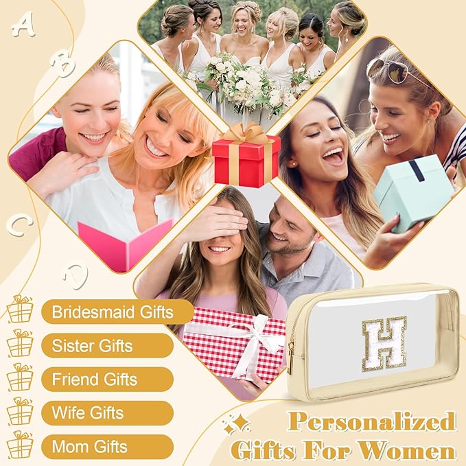 Personalized Initial Letter Clear Makeup Bag,Preppy Small Nylon&PVC Cosmetic Zipper Bag with Chenille Letter,Portable Beach Travel Skincare Toiletry Bag,Trendy Monogram Gift for Teen Girls Women,H