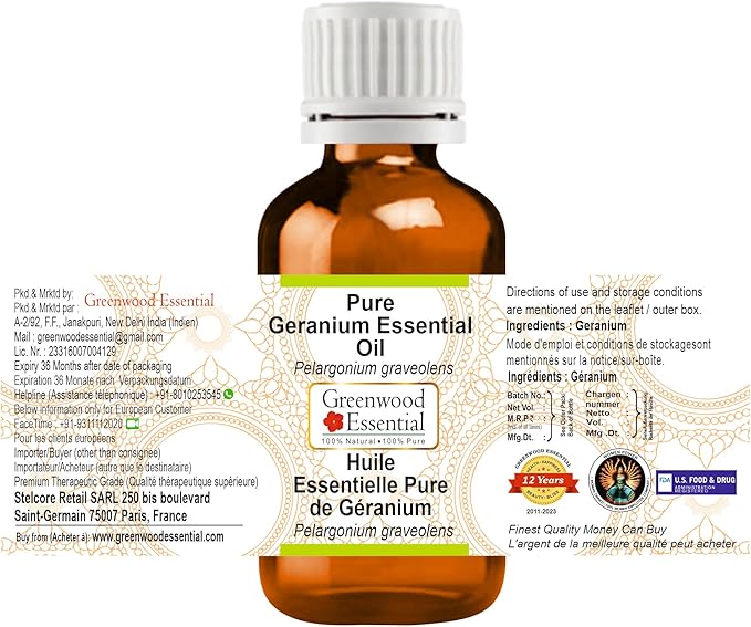 Greenwood Essential Pure Geranium Essential Oil (Pelargonium graveolens) Steam Distilled (Pack of Three) 100ml X 3 (10.1oz)