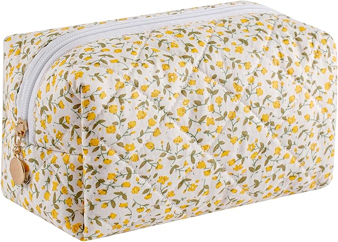JOVAKIT Square Makeup Bag Cute Cosmetic Bag for Women, Floral Coquette Aesthetic Toiletry Bag, Zipper Make Up Pouch, Travel Make Up Organizer Bag (Yellow Floral)