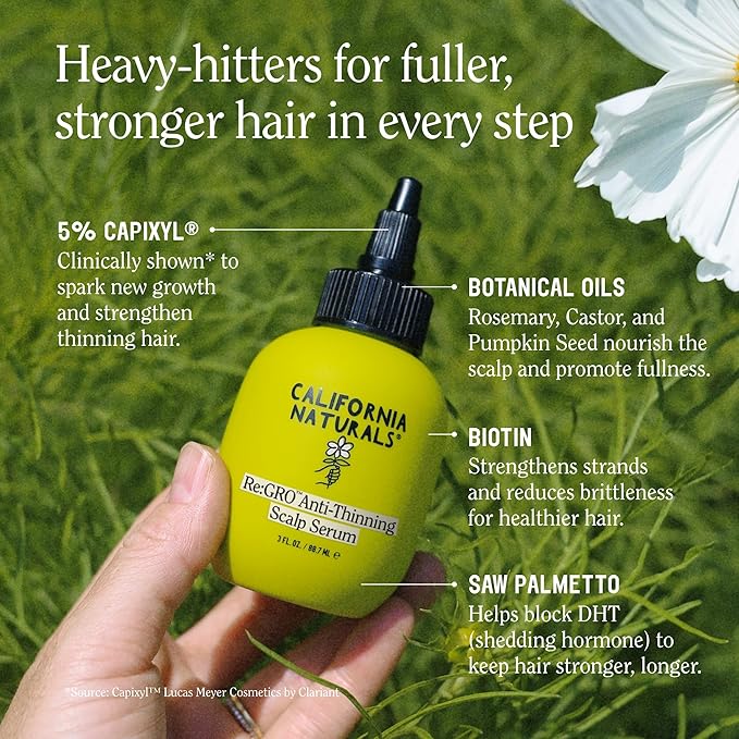 California Naturals Women's Re: Gro Anti-Thinning Scalp Serum, 5% Capixyl with Biotin, Caffeine & Castor and Rosemary Oil, Non-Sticky Cooling Formula, Vegan & Cruelty Free, 3oz