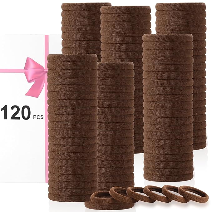 LuSeren 120 Pcs No Damage Hair Ties for Thick Hair, Large Soft Seamless Nylon Hair Elastics for Women, Ponytail Holders, Hair Accessories – brown